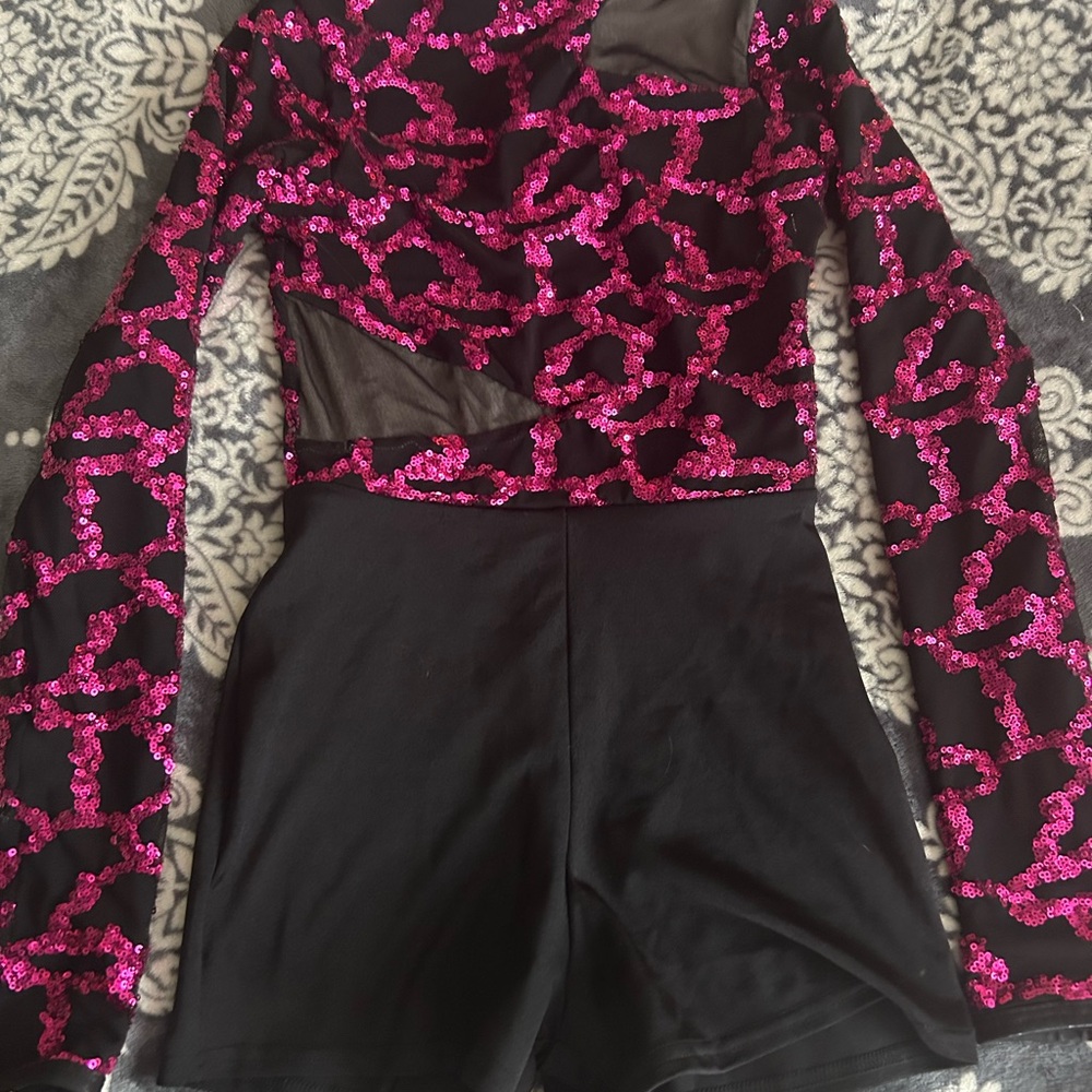 Kids Black and Pink Sequin Long Sleeve Dance Costume